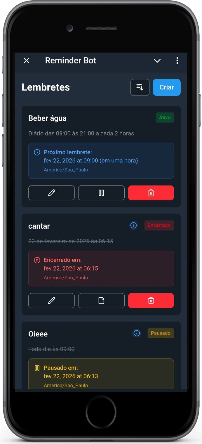 KindlyRemindly reminder list with status badges